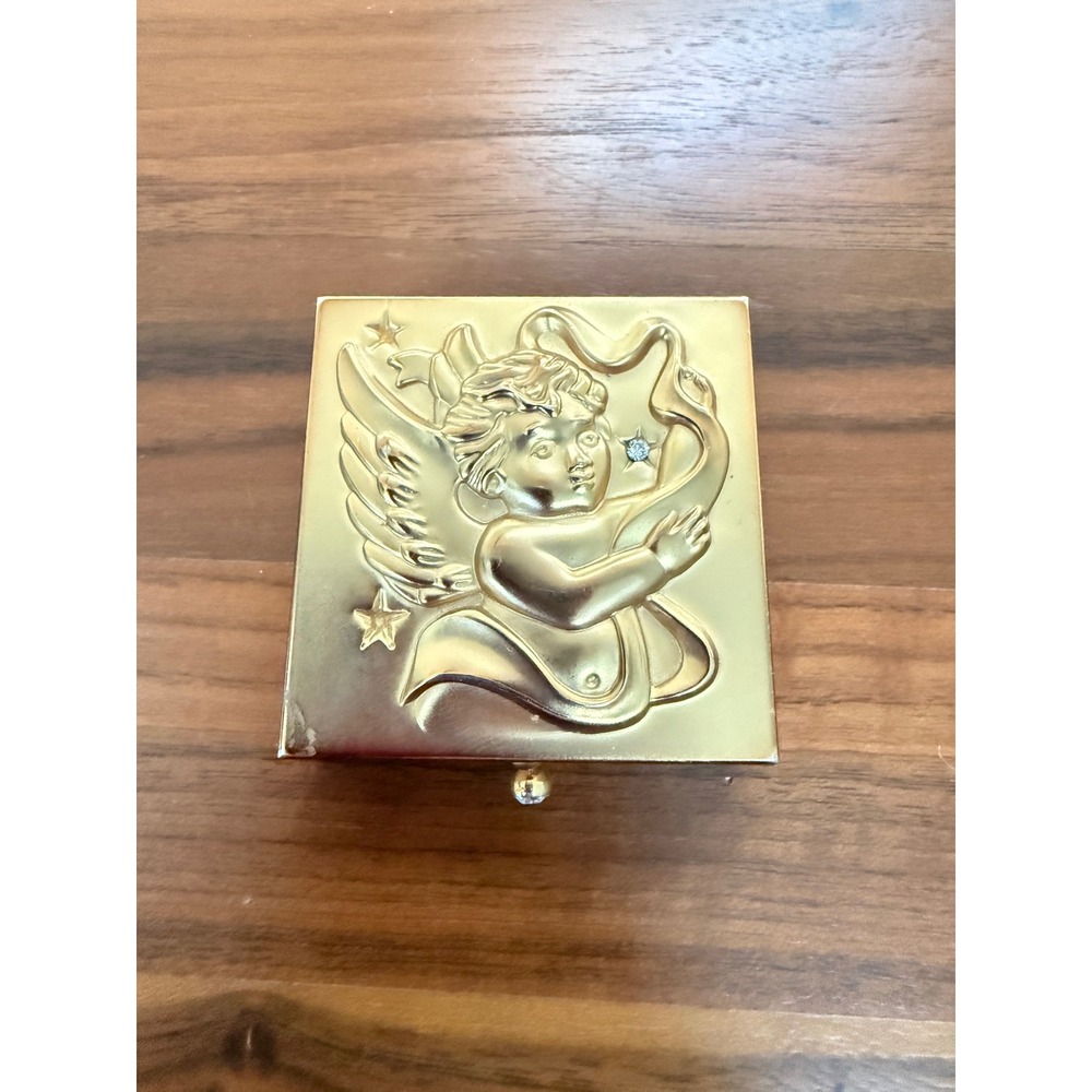Vintage Gold Cherub Angel Pill Box Rhinestone Star Embossed Square Trinket Case